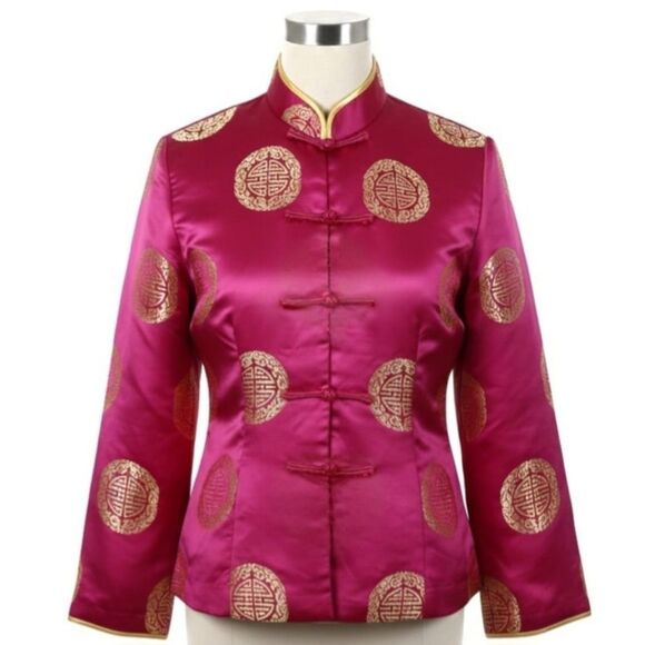 Chinese Tang Cheongsam Magenta Gold Jacket Frog Buttons Mandarin Collar Sz M - Picture 4 of 15